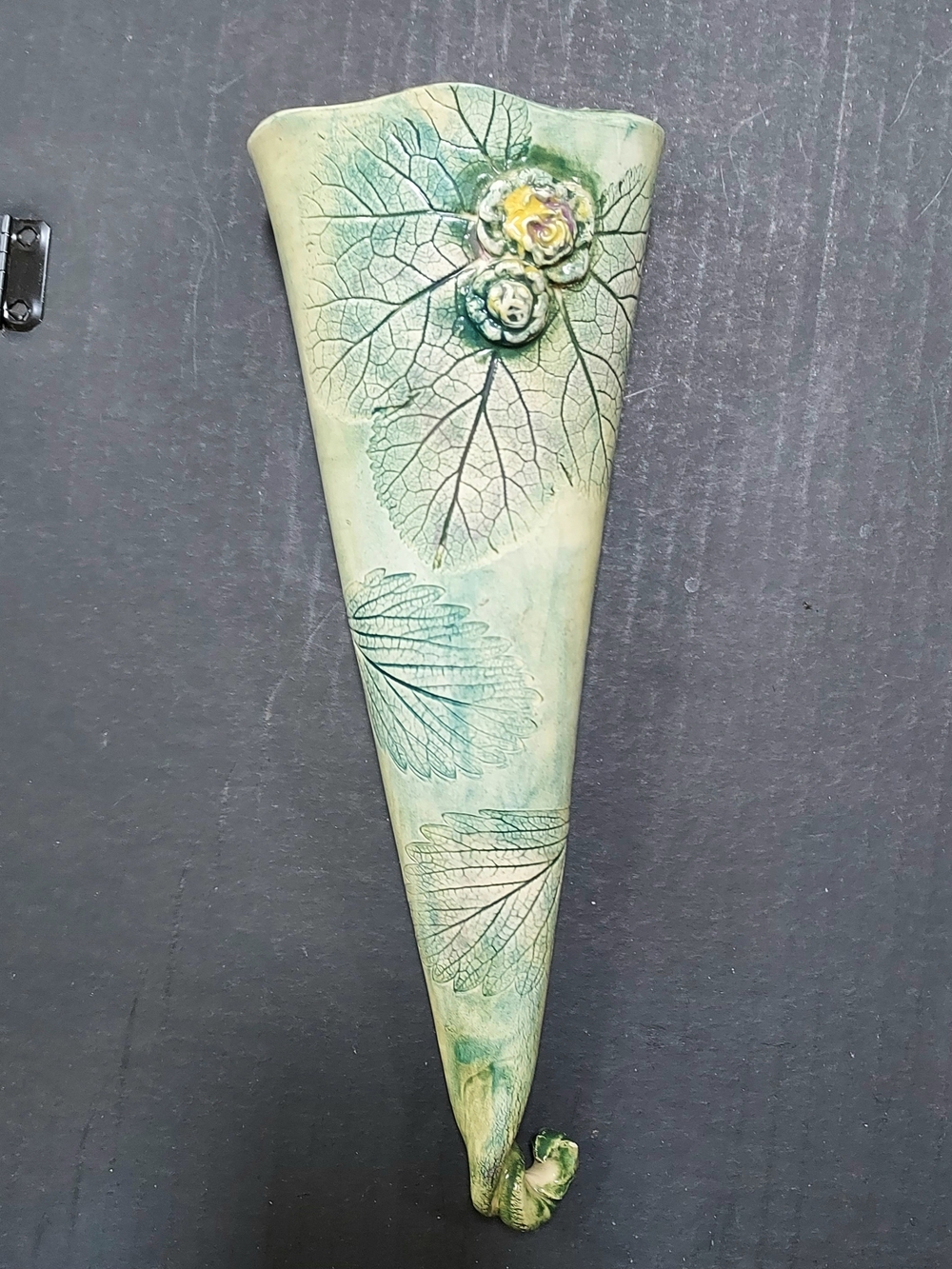 Hand Crafted Green Leaf Embossed Wall Pocket